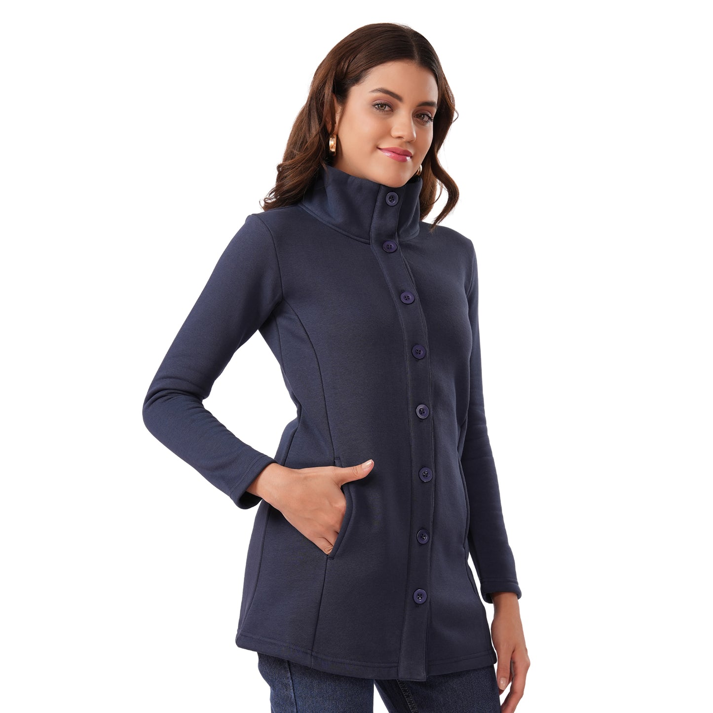 Women Winter High Neck Long Coat (Navy Blue)