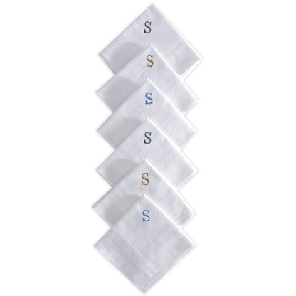Men's White Cotton Handkerchief With Alphabet S Initial (Pack of 6)