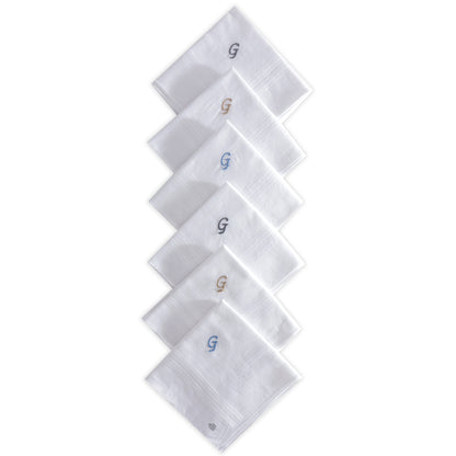 Men's White Cotton Handkerchief With Alphabet G Initial (Pack of 6)