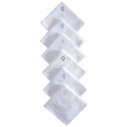 Men's White Cotton Handkerchief With Alphabet Q Initial (Pack of 6)