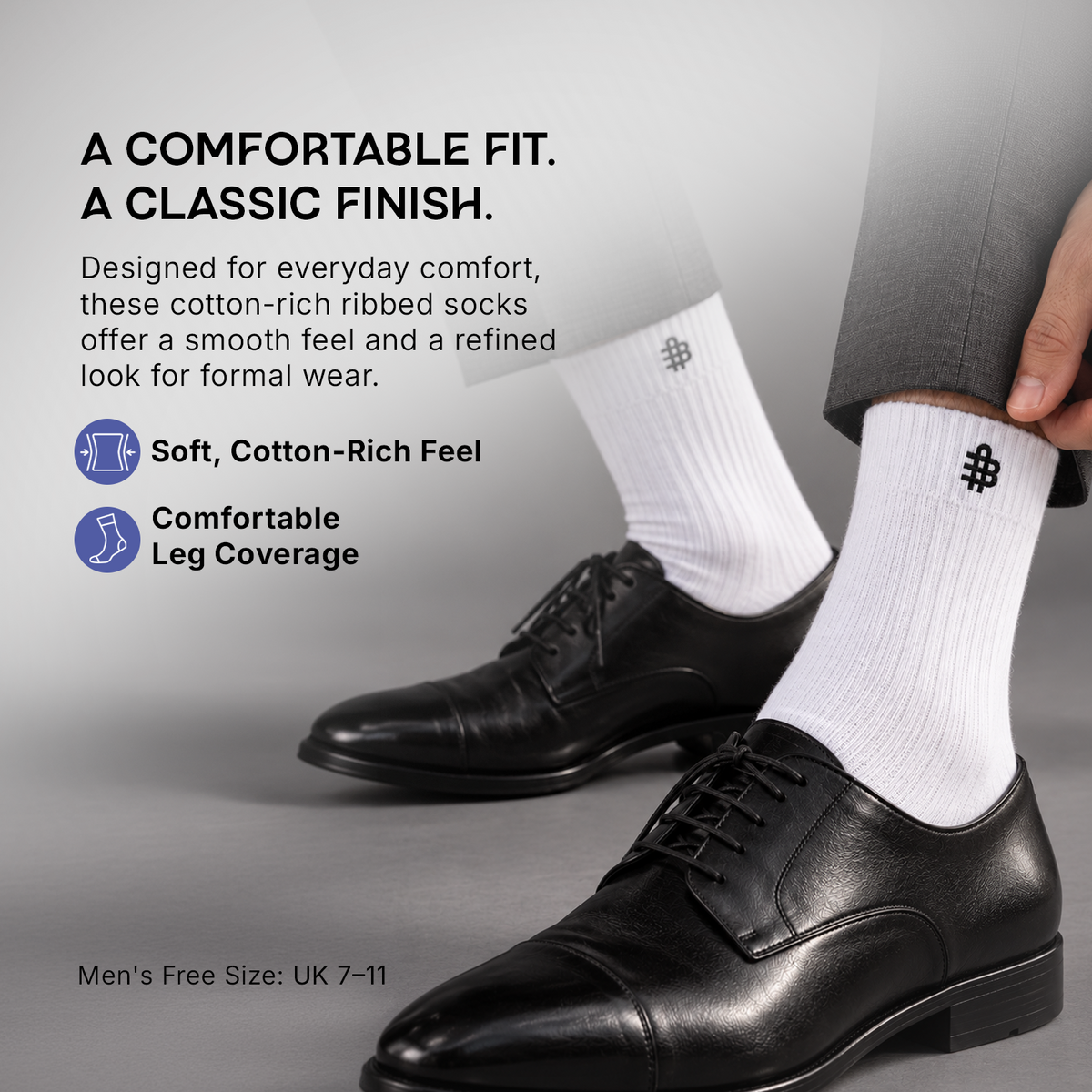Men Cotton White Rib Full Length Socks- Pack of 3