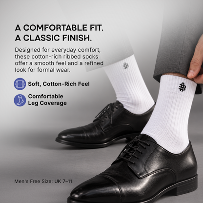 Men Cotton White Rib Full Length Socks- Pack of 3