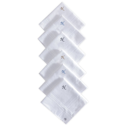 Men's White Cotton Handkerchief With Alphabet N Initial (Pack of 6)