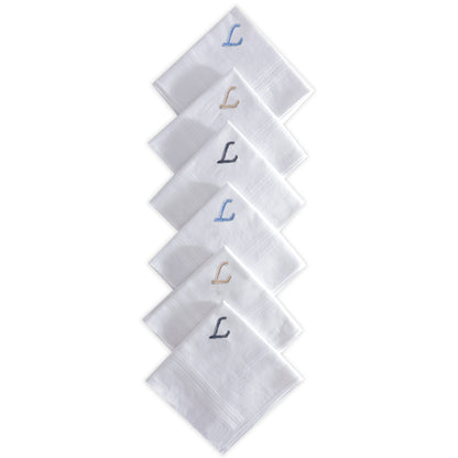 Men's White Cotton Handkerchief With Alphabet L Initial (Pack of 6)