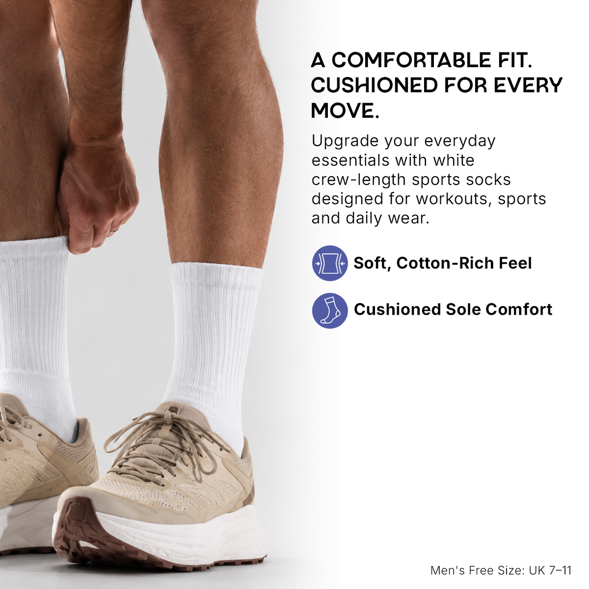 Men Cushioned White Joggers Crew Sports Socks- Pack of 3