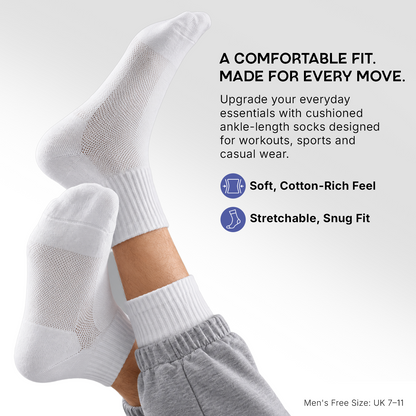 Men's Cushioned White Joggers Ankle Sports Socks- Pack of 3