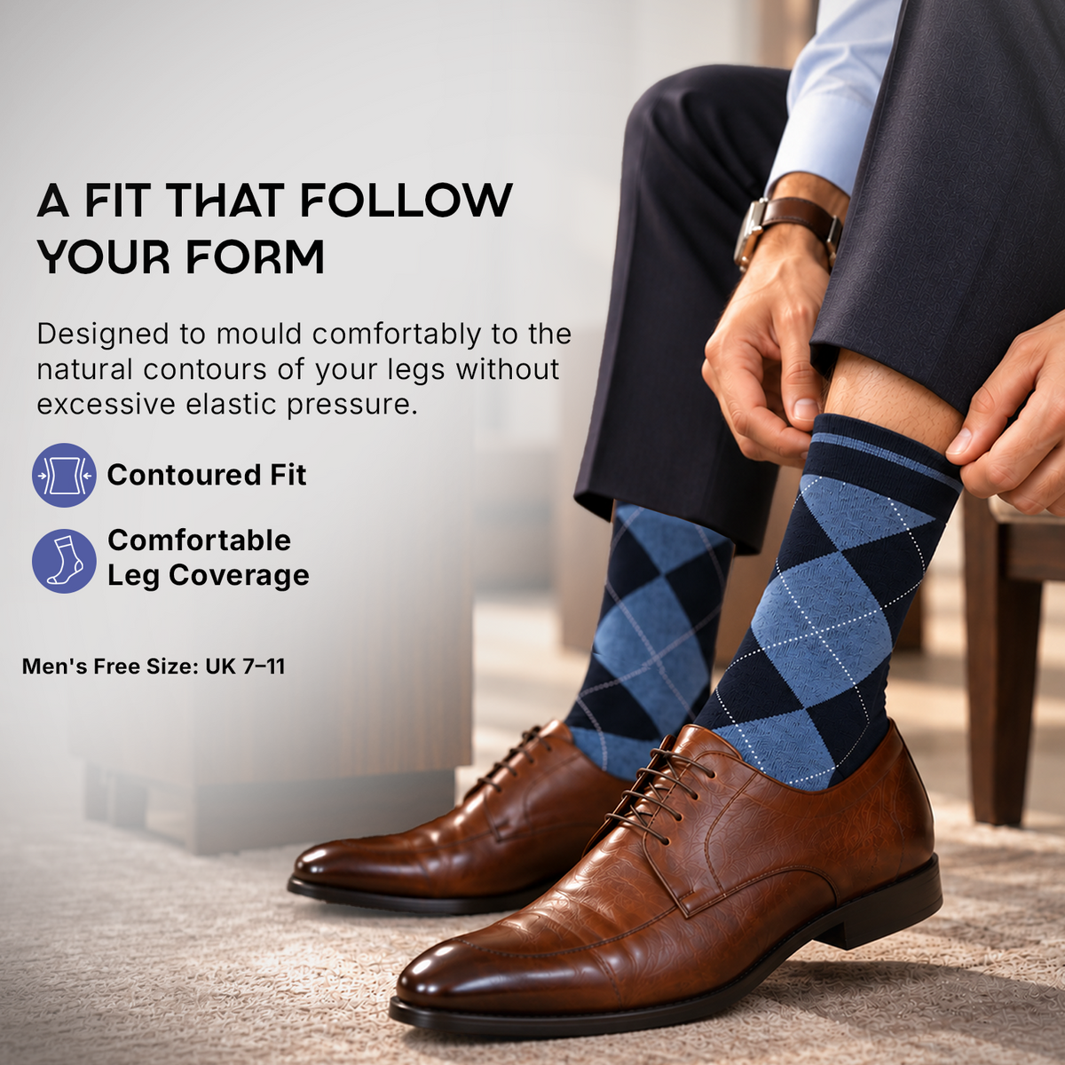 Men's Classic Argyle Formal Multicoloured Crew Length Socks - pack of 3
