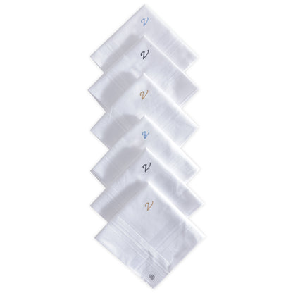Men's White Cotton Handkerchief With Alphabet V Initial (Pack of 6)