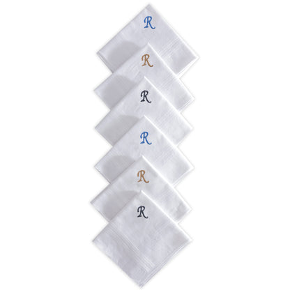 Men's White Cotton Handkerchief With Alphabet R Initial (Pack of 6)