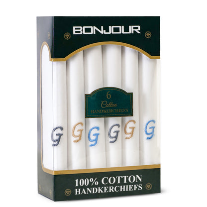 Men's White Cotton Handkerchief With Alphabet G Initial (Pack of 6)
