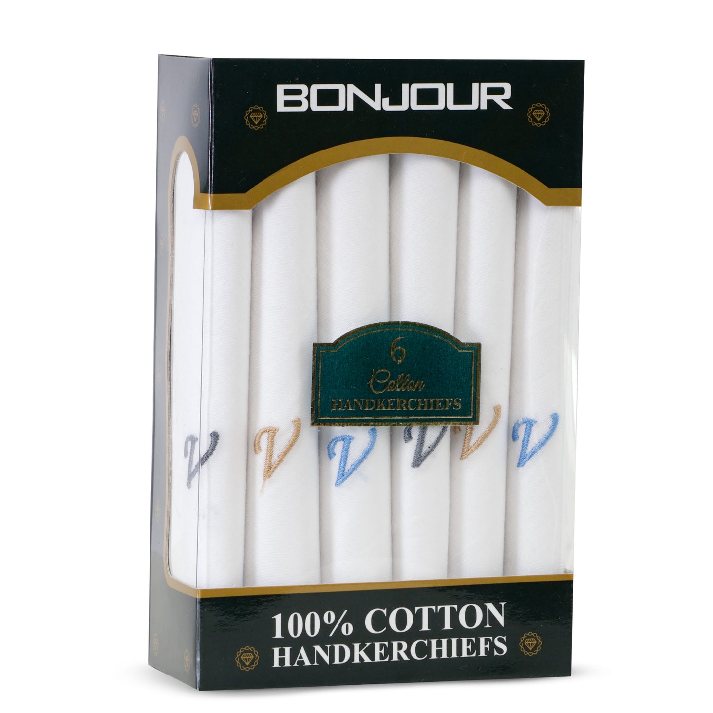 Men's White Cotton Handkerchief With Alphabet V Initial (Pack of 6)