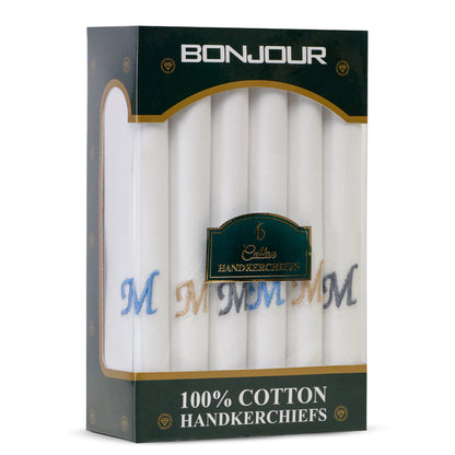 Men's White Cotton Handkerchief With Alphabet M Initial (Pack of 6)