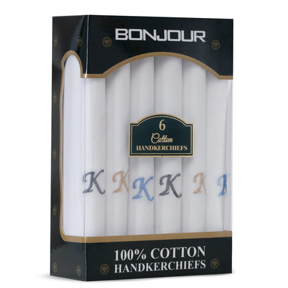 Men's White Cotton Handkerchief With Alphabet K Initial (Pack of 6)