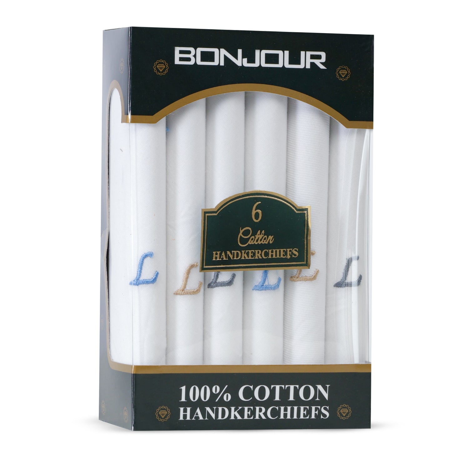 Men's White Cotton Handkerchief With Alphabet L Initial (Pack of 6)