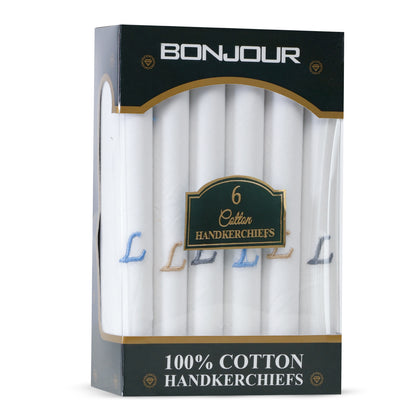 Men's White Cotton Handkerchief With Alphabet L Initial (Pack of 6)