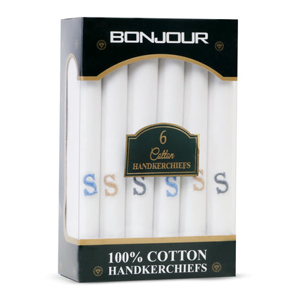 Men's White Cotton Handkerchief With Alphabet S Initial (Pack of 6)