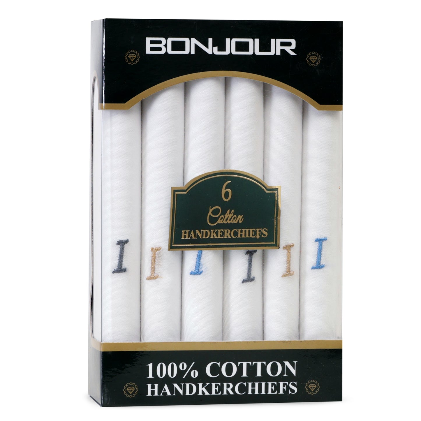 Men's White Cotton Handkerchief With Alphabet I Initial (Pack of 6)