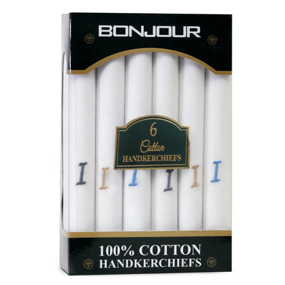 Men's White Cotton Handkerchief With Alphabet I Initial (Pack of 6)