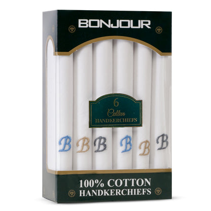 Men's White Cotton Handkerchief With Alphabet B Initial (Pack of 6)