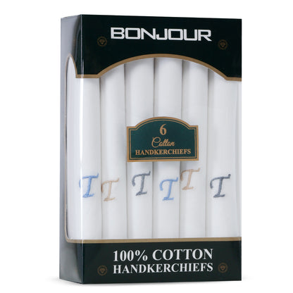 Men's White Cotton Handkerchief With Alphabet T Initial (Pack of 6)