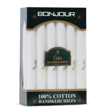 Men's White Cotton Handkerchief With Alphabet J Initial (Pack of 6)