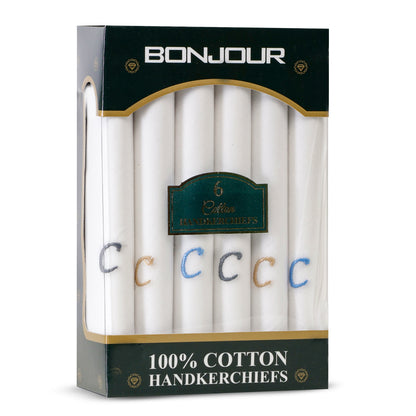 Men's White Cotton Handkerchief With Alphabet C Initial (Pack of 6)