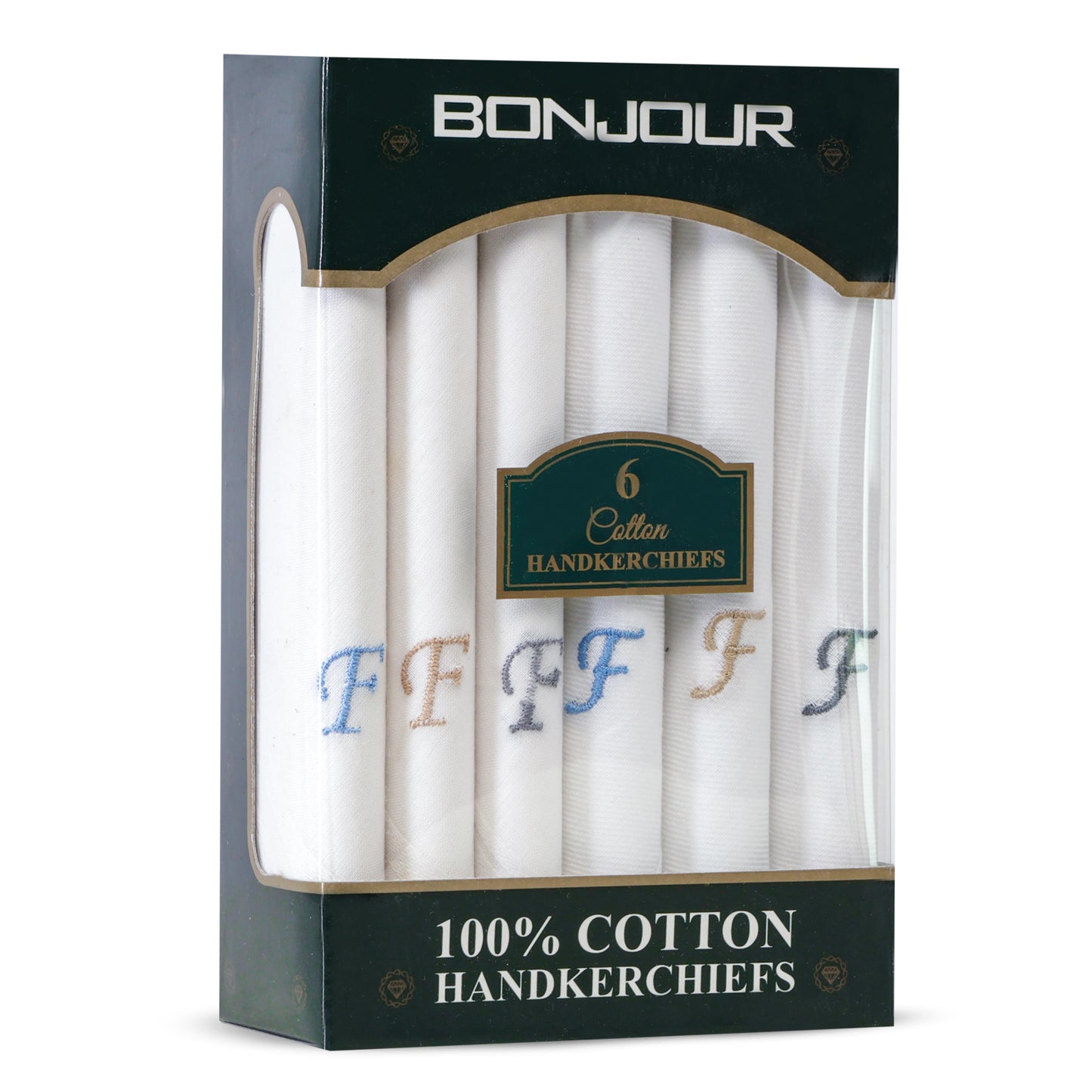 Men's White Cotton Handkerchief With Alphabet F Initial (Pack of 6)