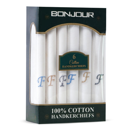 Men's White Cotton Handkerchief With Alphabet F Initial (Pack of 6)