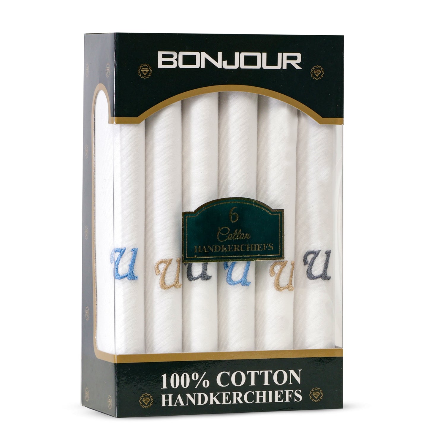 Men's White Cotton Handkerchief With Alphabet U Initial (Pack of 6)