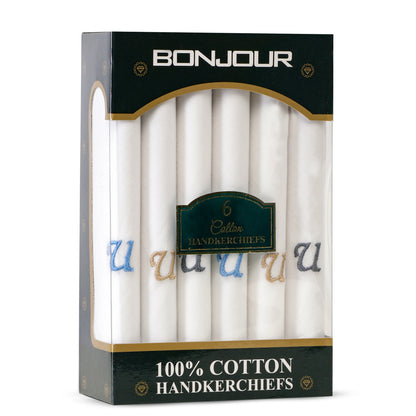 Men's White Cotton Handkerchief With Alphabet U Initial (Pack of 6)