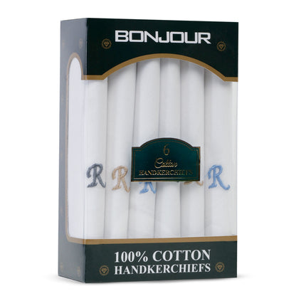 Men's White Cotton Handkerchief With Alphabet R Initial (Pack of 6)