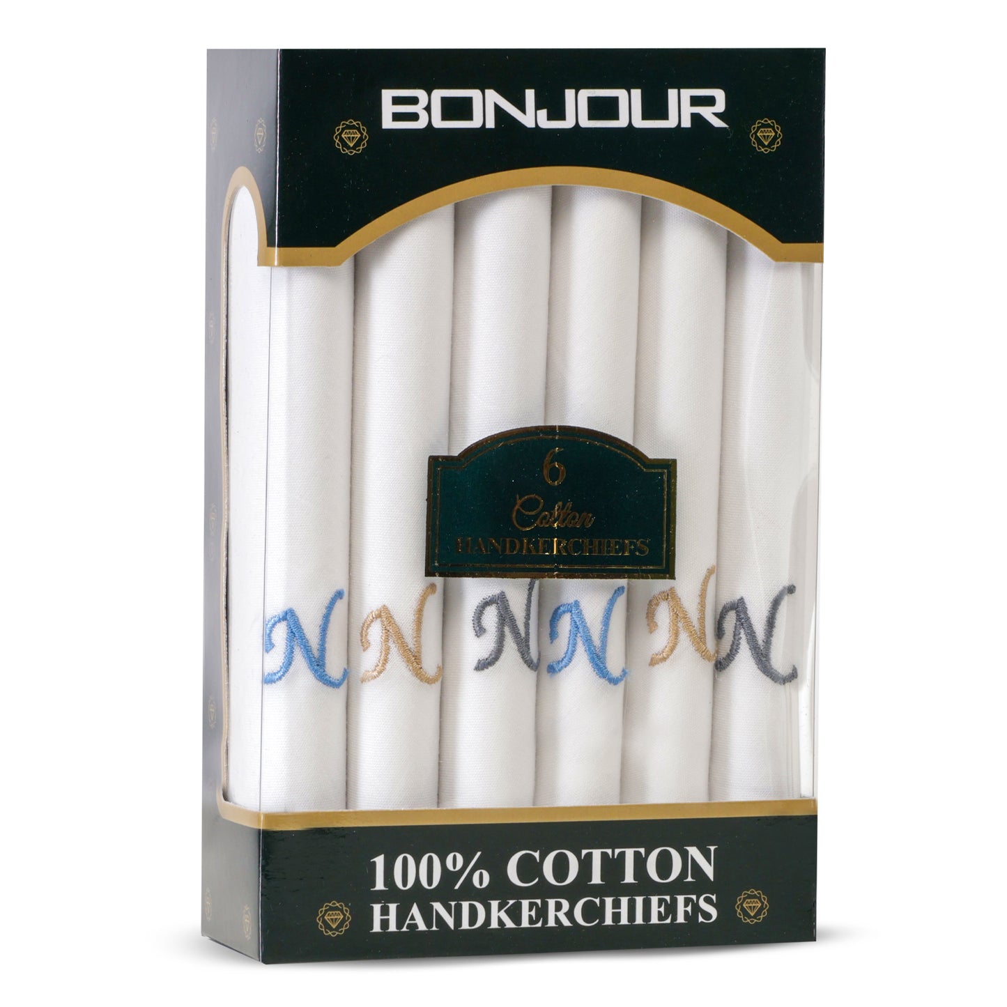Men's White Cotton Handkerchief With Alphabet N Initial (Pack of 6)