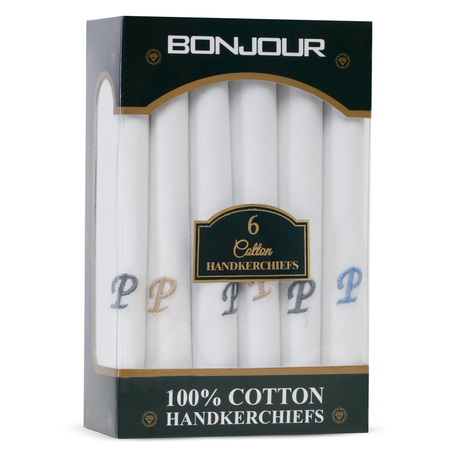 Men's White Cotton Handkerchief With Alphabet P Initial (Pack of 6)