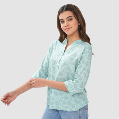 Women’s Printed Cotton Casual Top with 3/4 Sleeves & Button Placket