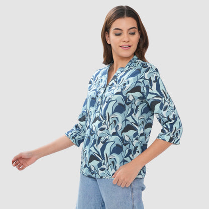 Women’s Printed Cotton Casual Top with 3/4 Sleeves & Button Placket