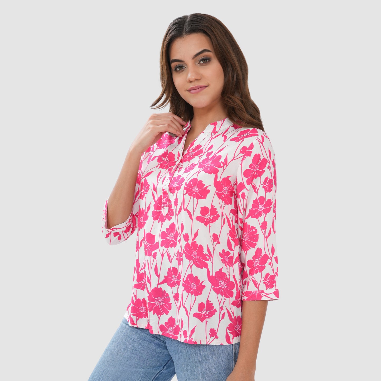 Women’s Printed Cotton Casual Top with 3/4 Sleeves & Button Placket