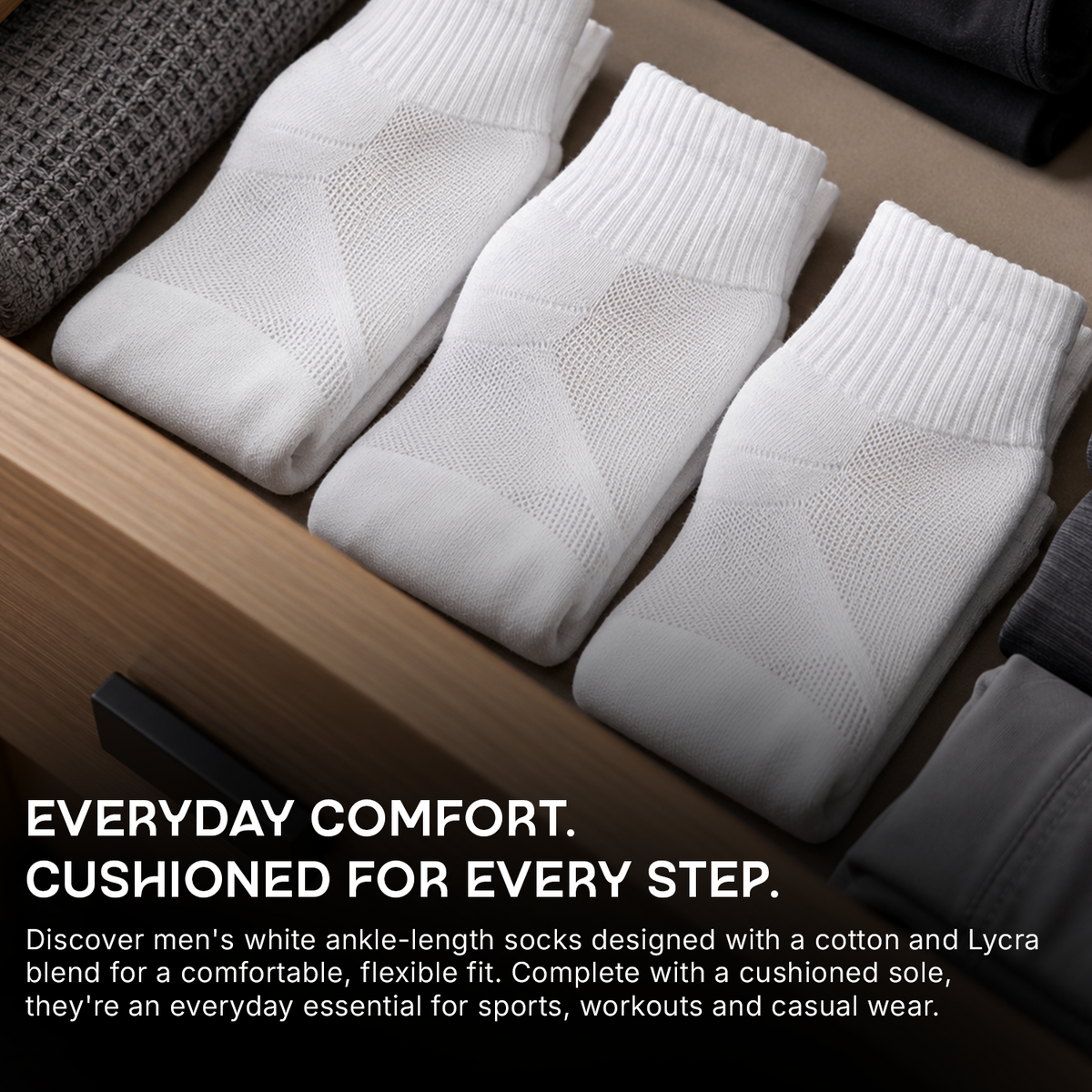 Men's Cushioned White Joggers Ankle Sports Socks- Pack of 3