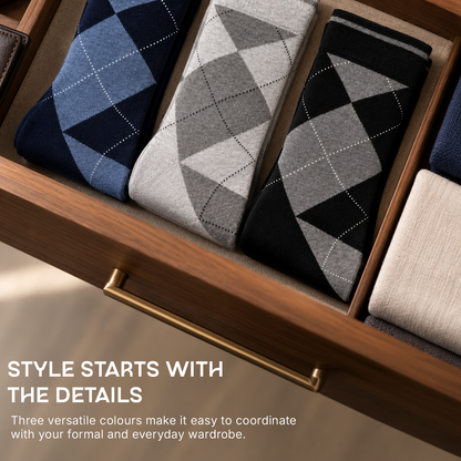Men's Classic Argyle Formal Multicoloured Crew Length Socks - pack of 3