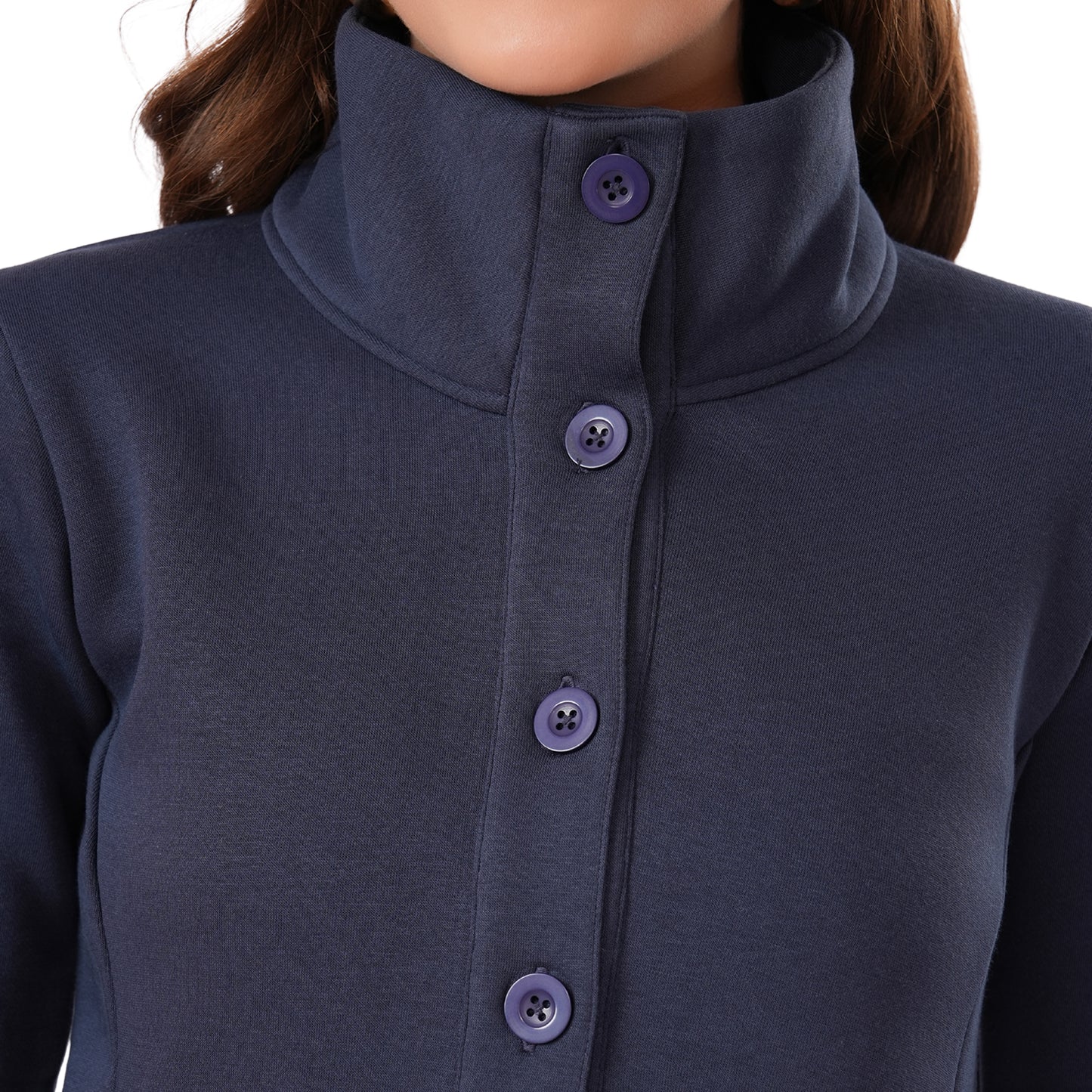 Women Winter High Neck Long Coat (Navy Blue)