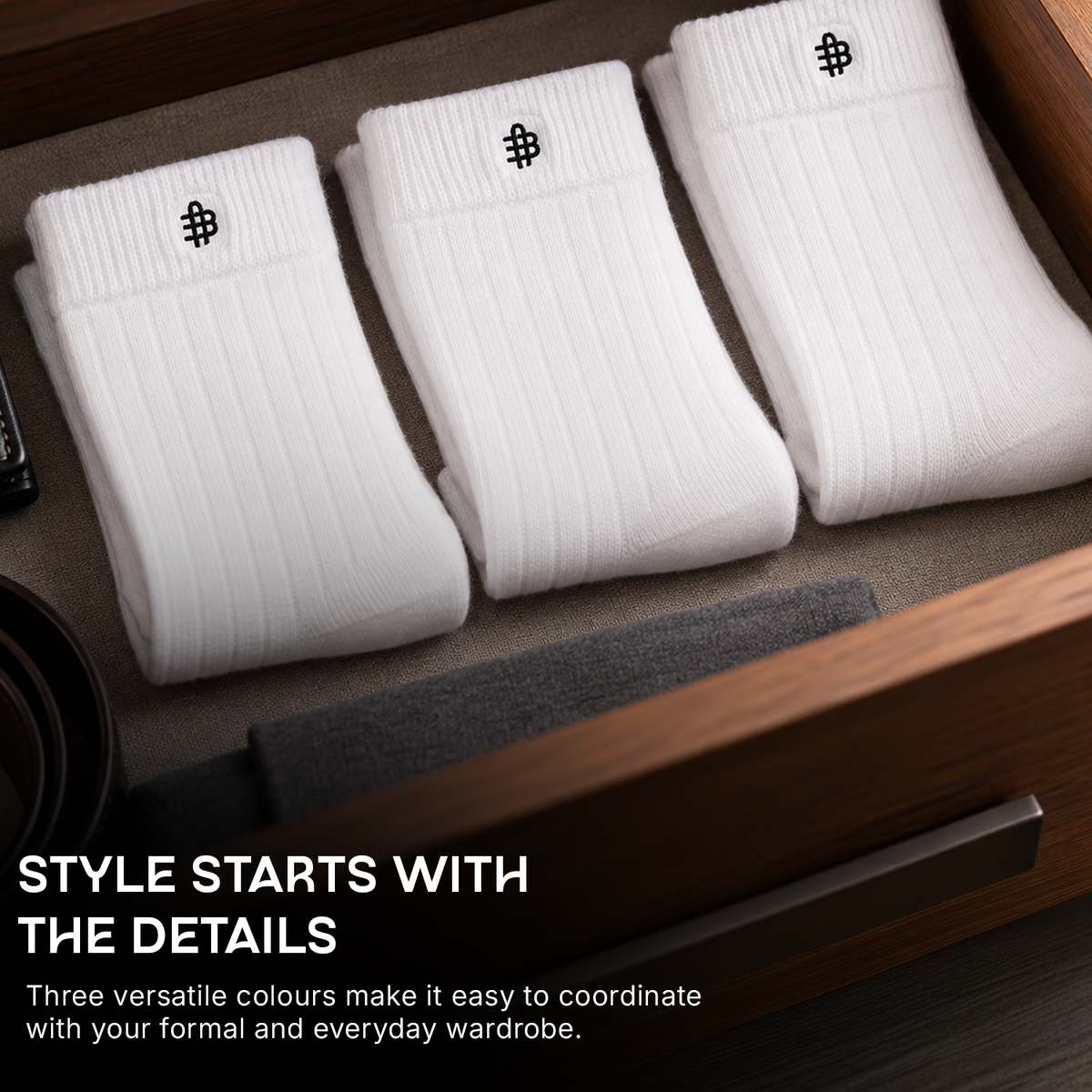Men Cotton White Rib Full Length Socks- Pack of 3