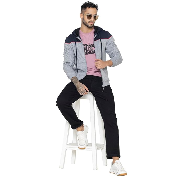 Men's Grey Hooded Zip-Up Sweatshirt | Regular Fit Hoodie