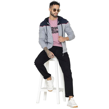 Men's Grey Hooded Zip-Up Sweatshirt | Regular Fit Hoodie