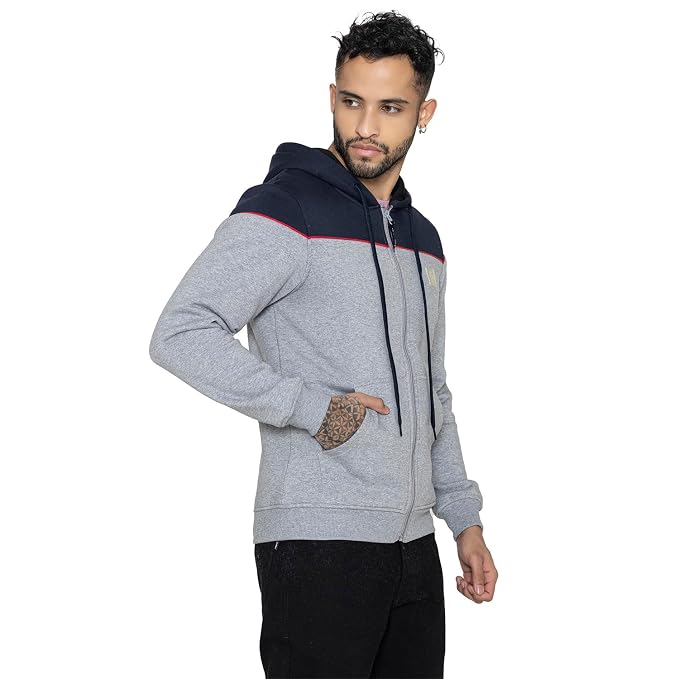 Men's Grey Hooded Zip-Up Sweatshirt | Regular Fit Hoodie