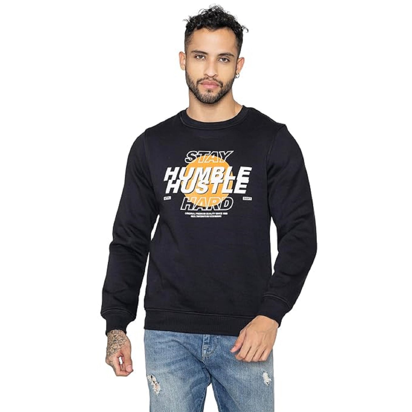 Men's Black Graphic Printed Crew Neck Sweatshirt – Stay Humble Hustle Hard