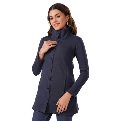Women Winter High Neck Long Coat (Navy Blue)