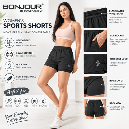 Bonjour Women's Polyester Blend Dual Layer Sports Shorts with Inner Tight | | Running Shorts with Inner Drawstring
