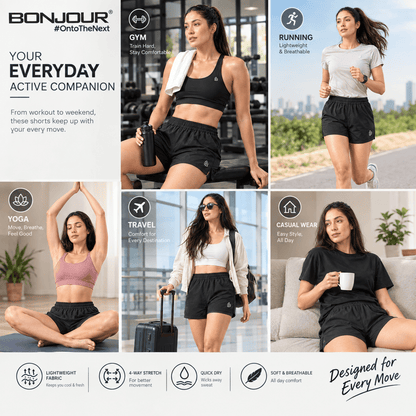 Bonjour Women's Polyester Blend Dual Layer Sports Shorts with Inner Tight | | Running Shorts with Inner Drawstring