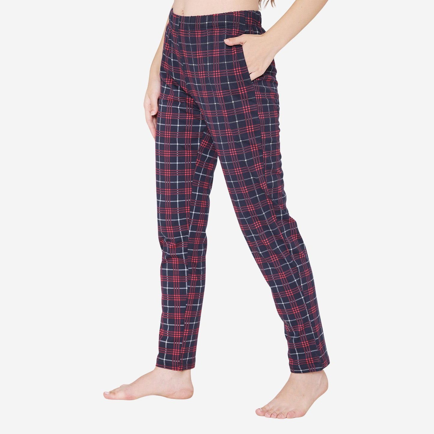 Women's Knitted Checkered Prints Cotton Pajamas - Navy