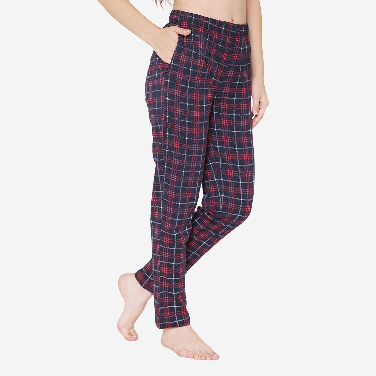 Women's Knitted Checkered Prints Cotton Pajamas - Navy