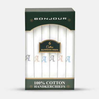 Men's White Cotton Handkerchief With Alphabetical Initial - Pack Of 6